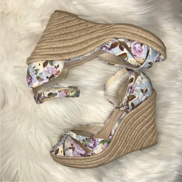 CHRISTIAN SIRIANO BEAUTIFUL FLORAL PURPLE WEDGE SANDALS ANKLE STRAPS SIZE 7.5 - Picture 5 of 10